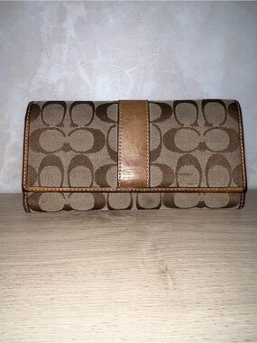 Coach Signature Canvas Checkbook Wallet Khaki Brown Leather